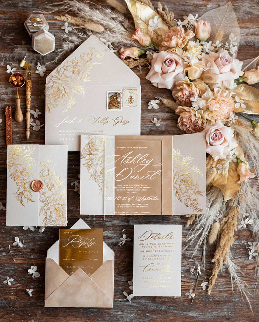 HOCHZEITS EINLADUNGEN Gold / Roségold / Silber / Glitzer Luxus Goldfolien-Hochzeitseinladungen, Plexi Glamour Hochzeitseinladungset, romantische Samthochzeitseinladungen, maßgeschneiderte goldene Hochzeitspapeterie