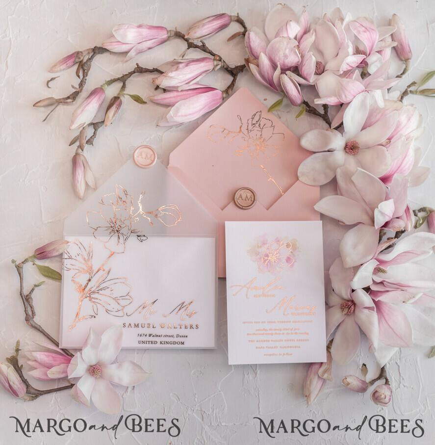 HOCHZEITS EINLADUNGEN Gold / Roségold / Silber / Glitzer Luxus Mangolia Hochzeitseinladungen, Glamour Goldener Glanz Hochzeitseinladungs-Set, Elegante Blush Pink Aquarell Hochzeitseinladungen, Elegante Frühlingshochzeitskarten