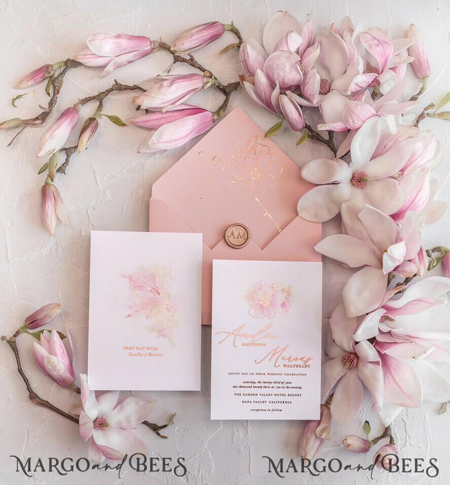 HOCHZEITS EINLADUNGEN Gold / Roségold / Silber / Glitzer Luxus Mangolia Hochzeitseinladungen, Glamour Goldener Glanz Hochzeitseinladungs-Set, Elegante Blush Pink Aquarell Hochzeitseinladungen, Elegante Frühlingshochzeitskarten