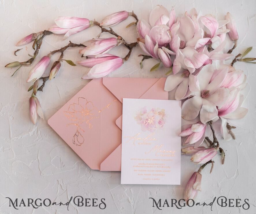 HOCHZEITS EINLADUNGEN Gold / Roségold / Silber / Glitzer Luxus Mangolia Hochzeitseinladungen, Glamour Goldener Glanz Hochzeitseinladungs-Set, Elegante Blush Pink Aquarell Hochzeitseinladungen, Elegante Frühlingshochzeitskarten