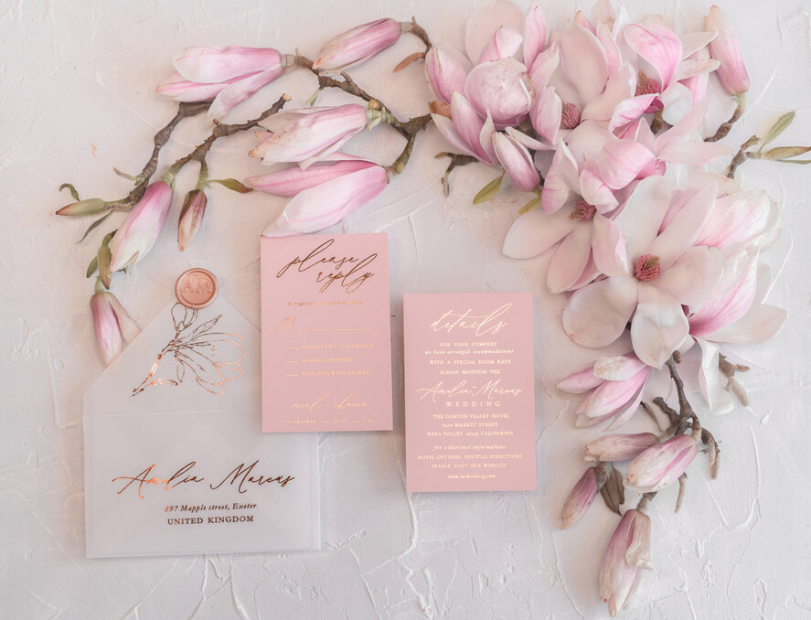 HOCHZEITS EINLADUNGEN Gold / Roségold / Silber / Glitzer Luxus Mangolia Hochzeitseinladungen, Glamour Goldener Glanz Hochzeitseinladungs-Set, Elegante Blush Pink Aquarell Hochzeitseinladungen, Elegante Frühlingshochzeitskarten