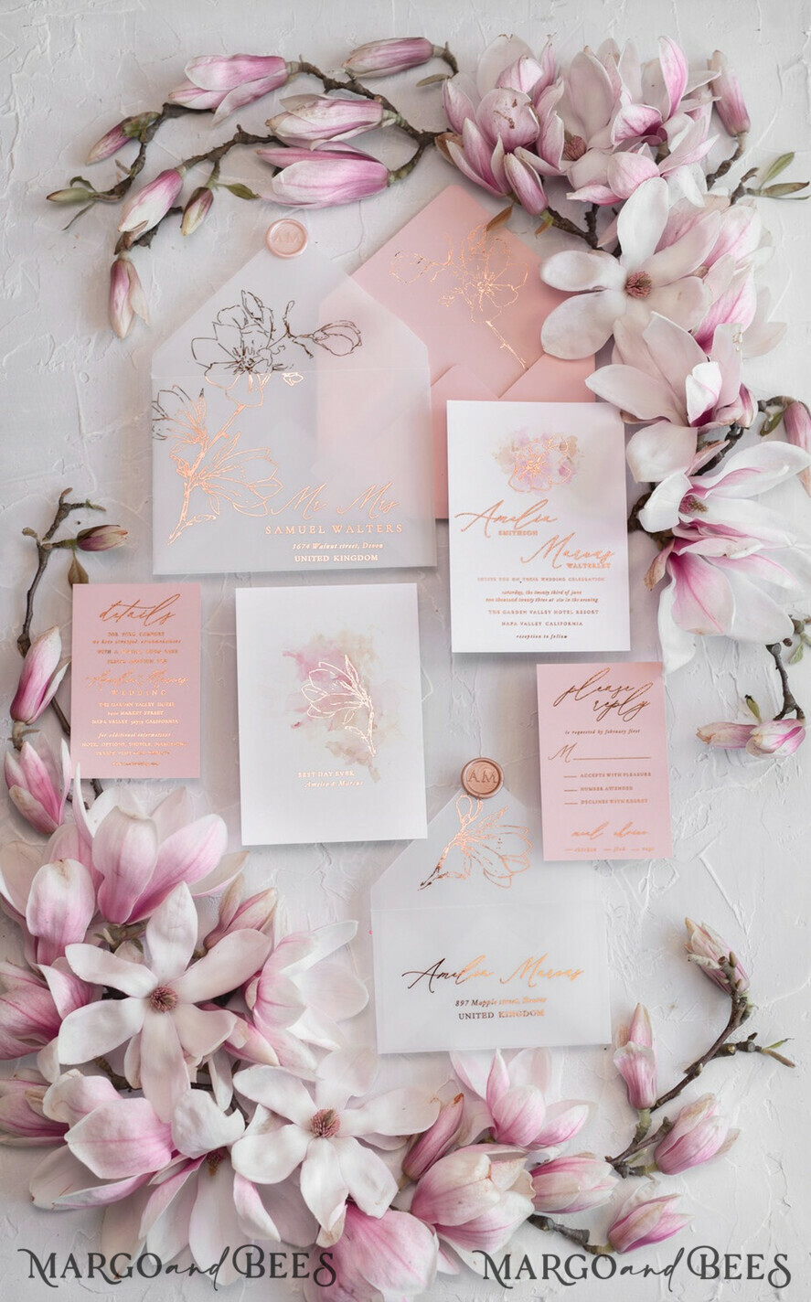 HOCHZEITS EINLADUNGEN Gold / Roségold / Silber / Glitzer Luxus Mangolia Hochzeitseinladungen, Glamour Goldener Glanz Hochzeitseinladungs-Set, Elegante Blush Pink Aquarell Hochzeitseinladungen, Elegante Frühlingshochzeitskarten