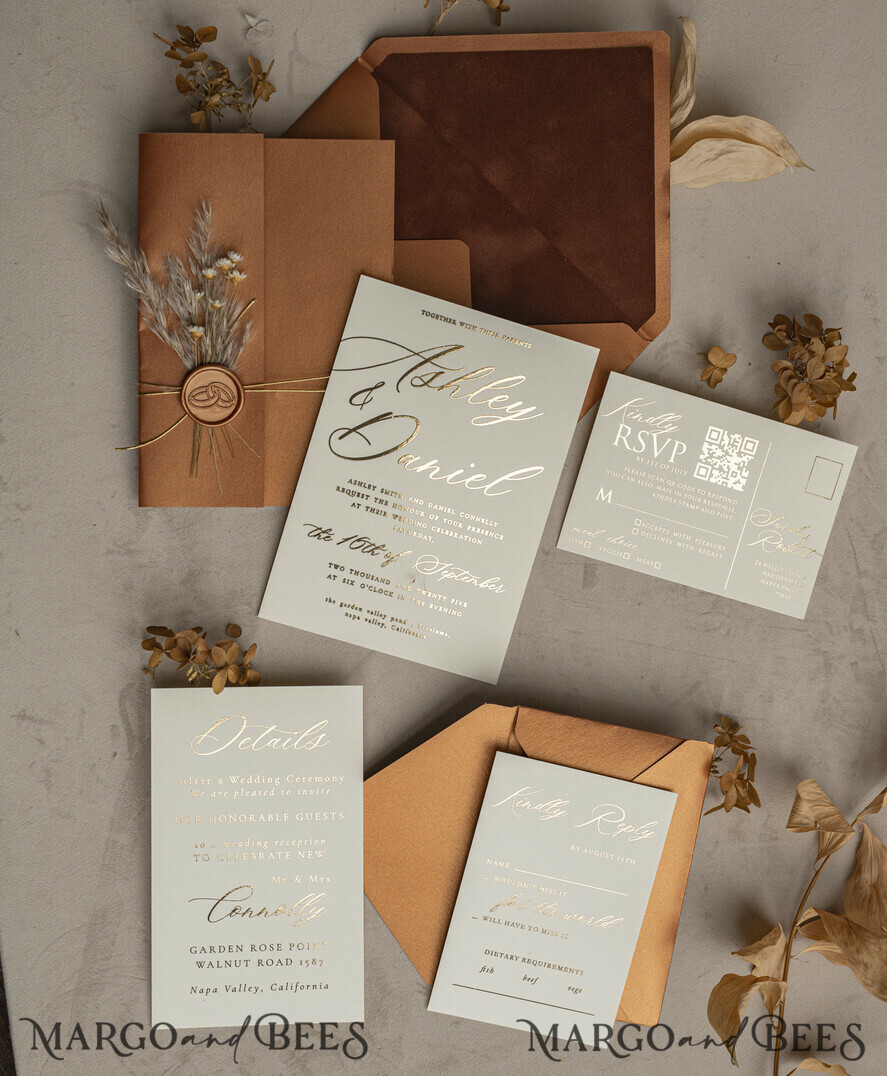 HOCHZEITS EINLADUNGEN Gold / Roségold / Silber / Glitzer Fall Spiegel Gold Hochzeitseinladungen, elegante Terracotta Hochzeitseinladungen, verbrannte orange Acryl Hochzeitseinladungen, Spiegel Gold Plexi Hochzeitseinladungset.