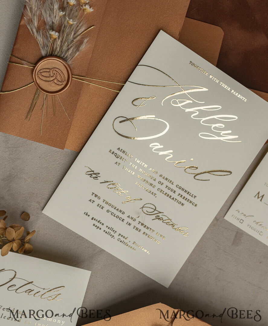 HOCHZEITS EINLADUNGEN Gold / Roségold / Silber / Glitzer Fall Spiegel Gold Hochzeitseinladungen, elegante Terracotta Hochzeitseinladungen, verbrannte orange Acryl Hochzeitseinladungen, Spiegel Gold Plexi Hochzeitseinladungset.