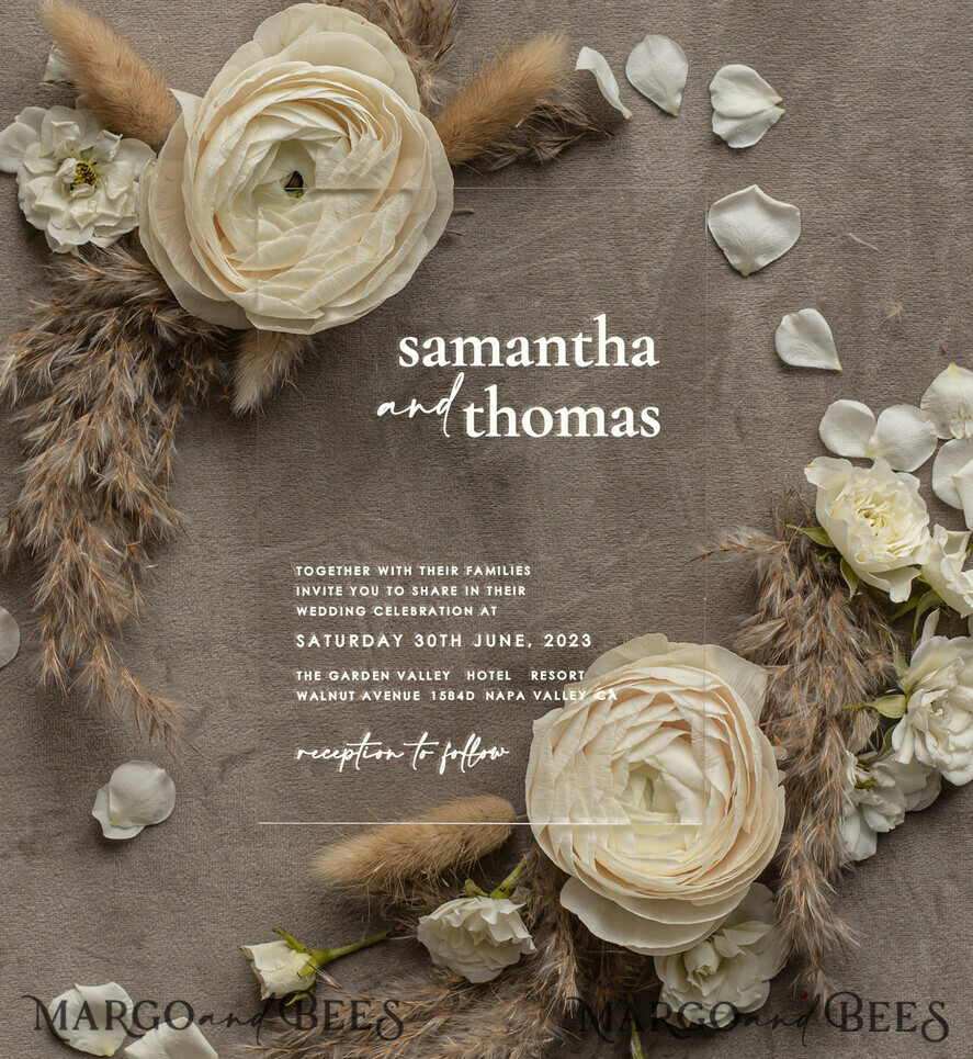 HOCHZEITS EINLADUNGEN Gold / Roségold / Silber / Glitzer Acryl Pampasgras Hochzeitseinladungen, Samt Nude Hochzeitseinladungen, Elegante Samt Hochzeitseinladungsreihe, Moderne Hochzeitseinladungen