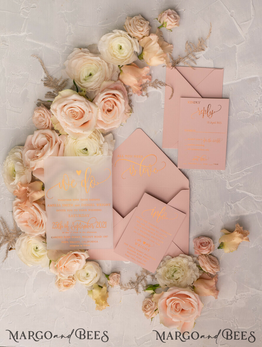HOCHZEITS EINLADUNGEN Gold / Roségold / Silber / Glitzer Glamour Vellum Hochzeitskarten, Goldener Glanz Hochzeitskarten, Romantische Blush-Pink Hochzeitsstationery, Elegante Goldfolie Hochzeits-Einladungen