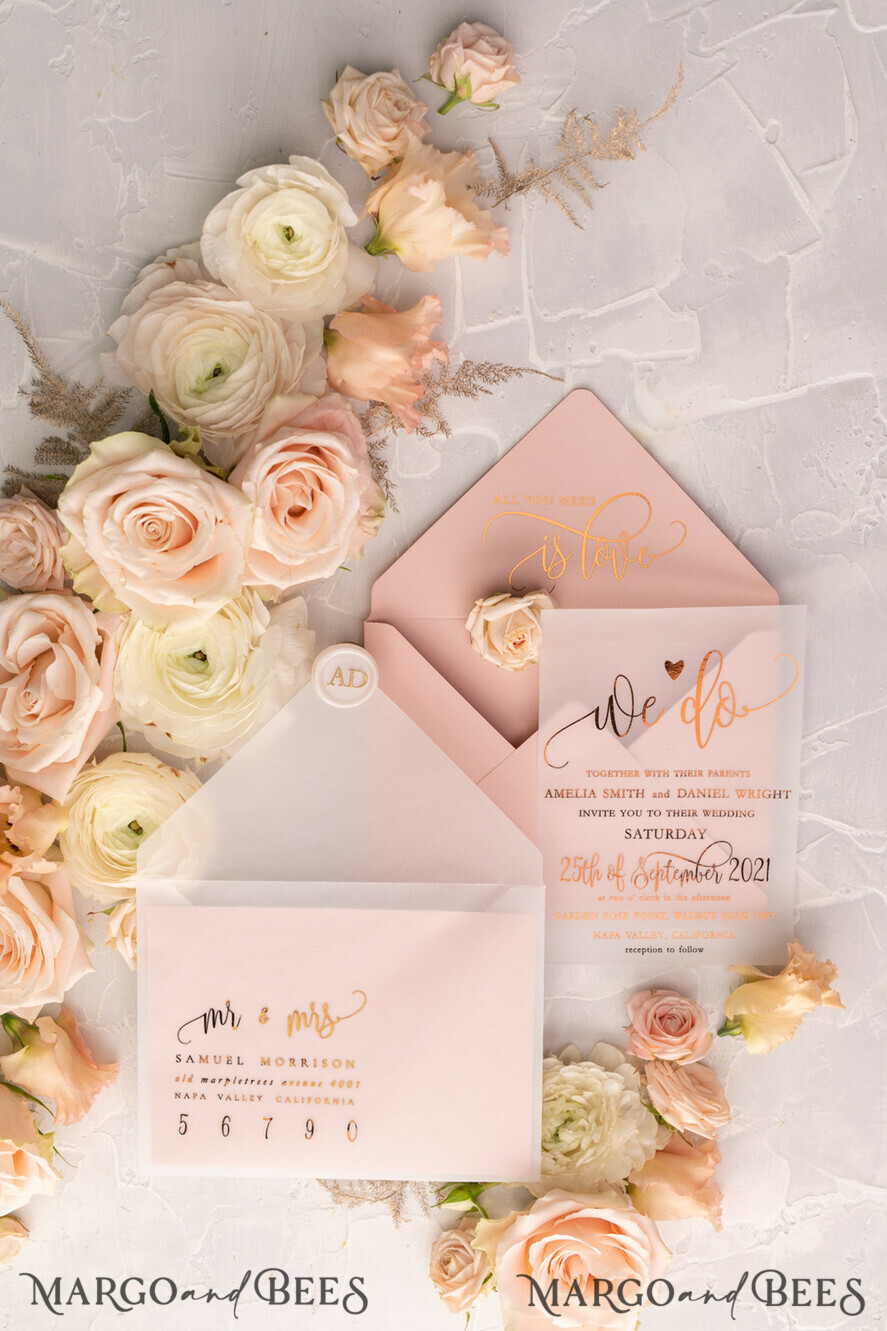 HOCHZEITS EINLADUNGEN Gold / Roségold / Silber / Glitzer Glamour Vellum Hochzeitskarten, Goldener Glanz Hochzeitskarten, Romantische Blush-Pink Hochzeitsstationery, Elegante Goldfolie Hochzeits-Einladungen