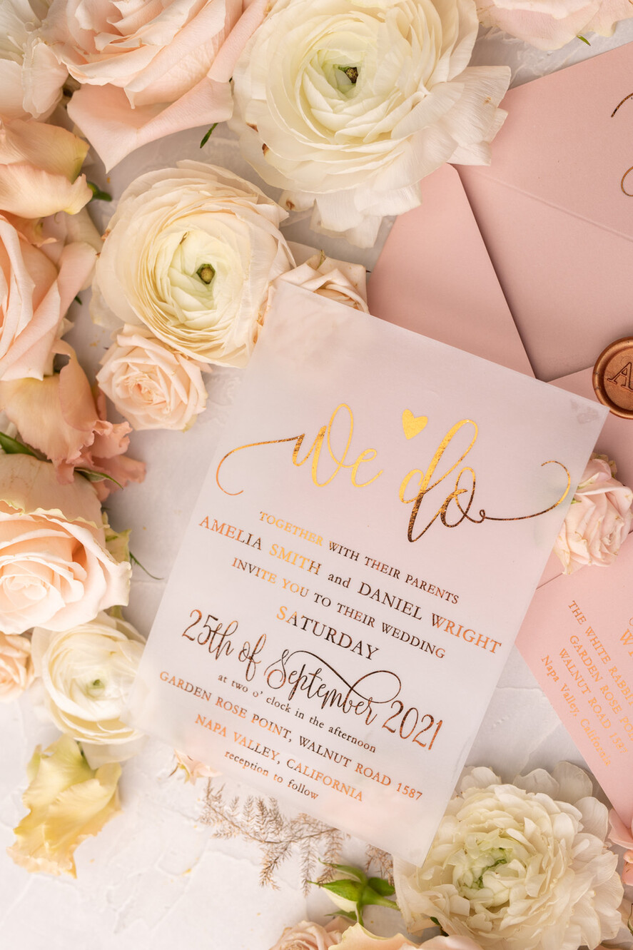 HOCHZEITS EINLADUNGEN Gold / Roségold / Silber / Glitzer Glamour Vellum Hochzeitskarten, Goldener Glanz Hochzeitskarten, Romantische Blush-Pink Hochzeitsstationery, Elegante Goldfolie Hochzeits-Einladungen
