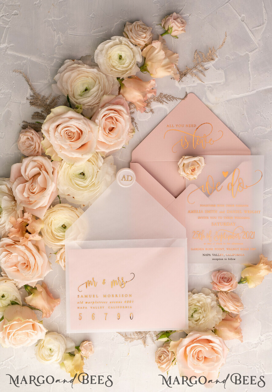 HOCHZEITS EINLADUNGEN Gold / Roségold / Silber / Glitzer Glamour Vellum Hochzeitskarten, Goldener Glanz Hochzeitskarten, Romantische Blush-Pink Hochzeitsstationery, Elegante Goldfolie Hochzeits-Einladungen
