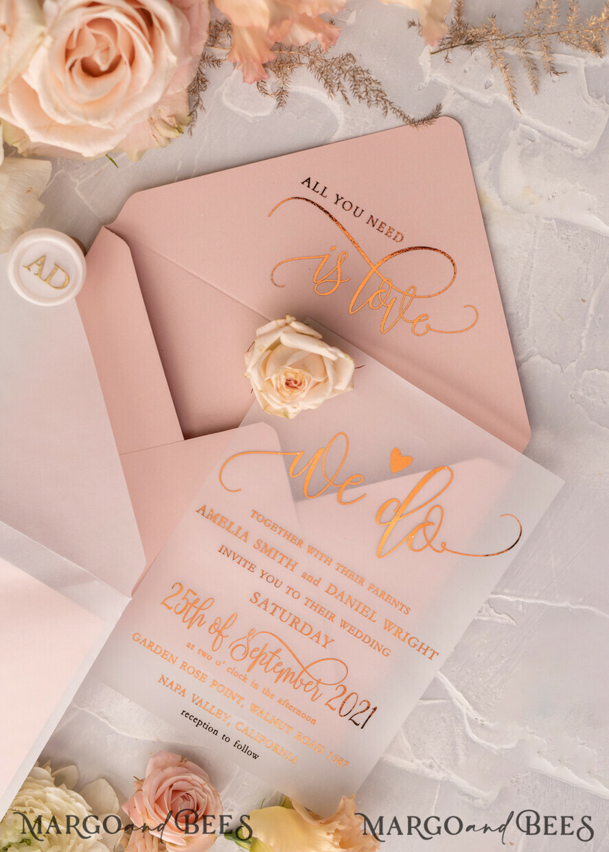 HOCHZEITS EINLADUNGEN Gold / Roségold / Silber / Glitzer Glamour Vellum Hochzeitskarten, Goldener Glanz Hochzeitskarten, Romantische Blush-Pink Hochzeitsstationery, Elegante Goldfolie Hochzeits-Einladungen