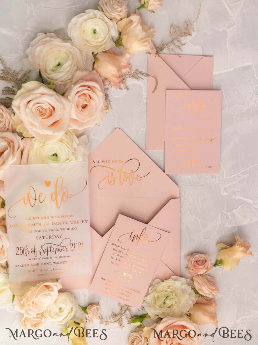 HOCHZEITS EINLADUNGEN Gold / Roségold / Silber / Glitzer Glamour Vellum Hochzeitskarten, Goldener Glanz Hochzeitskarten, Romantische Blush-Pink Hochzeitsstationery, Elegante Goldfolie Hochzeits-Einladungen