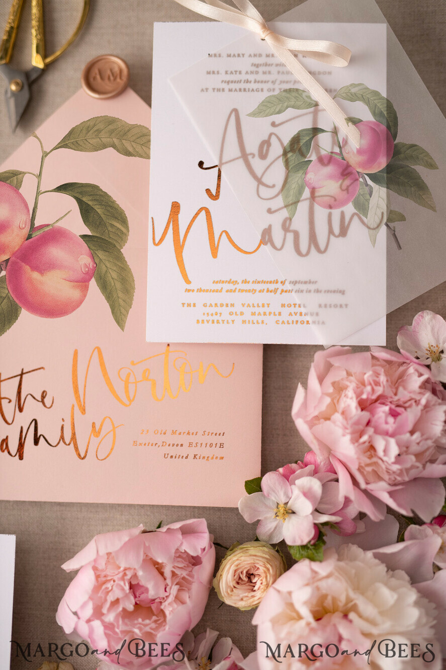 HOCHZEITS EINLADUNGEN Gold / Roségold / Silber / Glitzer Glamour Gold Foil Hochzeitskarten, Elegante Pfirsich Hochzeitsinvitationen, Maßgeschneiderte Pergament Hochzeitskarten mit Schleife, Luxuriöse moderne Hochzeitsstationery