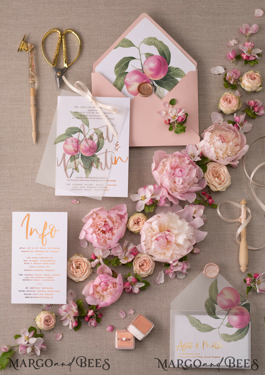 HOCHZEITS EINLADUNGEN Gold / Roségold / Silber / Glitzer Glamour Gold Foil Hochzeitskarten, Elegante Pfirsich Hochzeitsinvitationen, Maßgeschneiderte Pergament Hochzeitskarten mit Schleife, Luxuriöse moderne Hochzeitsstationery