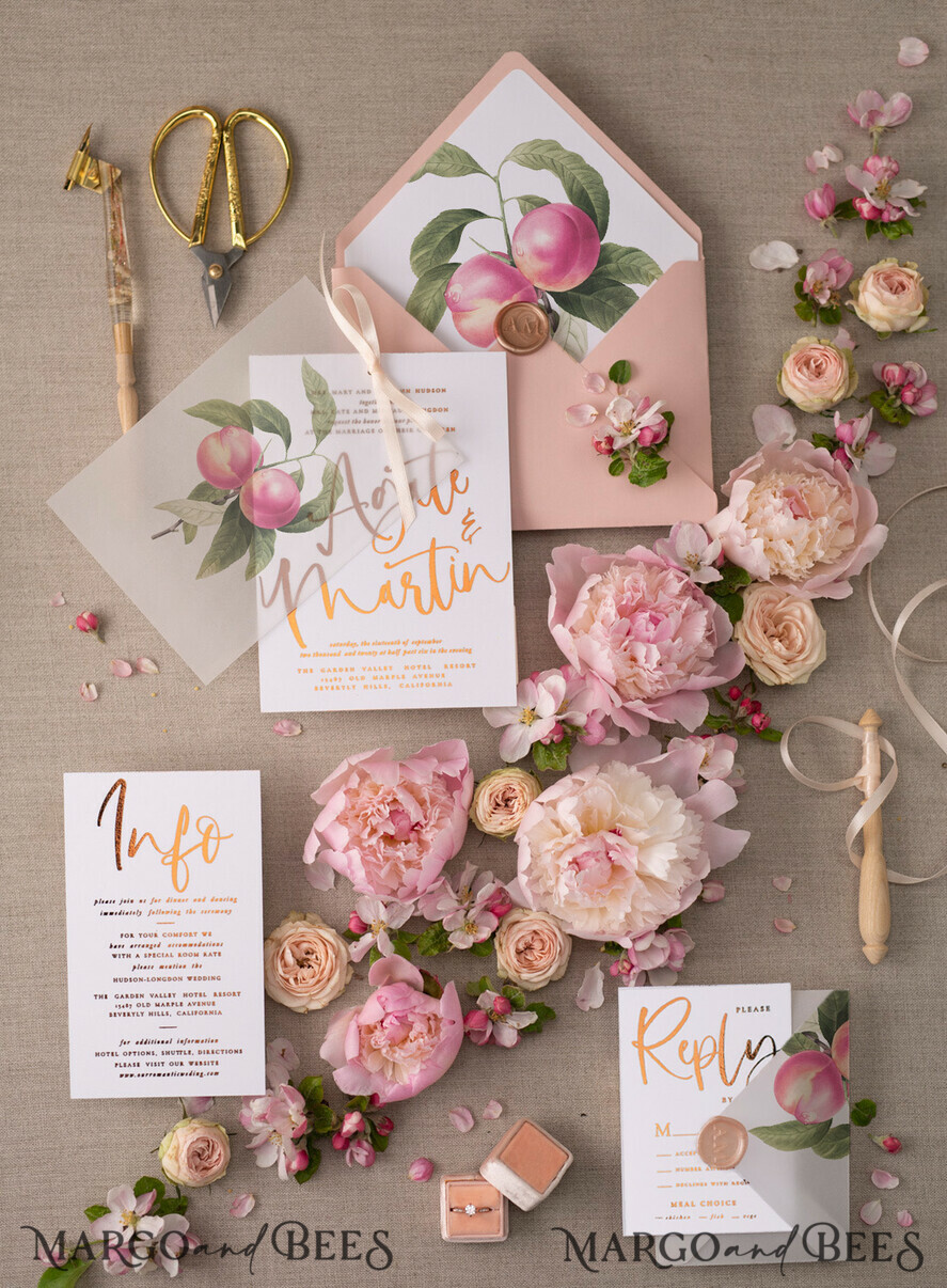 HOCHZEITS EINLADUNGEN Gold / Roségold / Silber / Glitzer Glamour Gold Foil Hochzeitskarten, Elegante Pfirsich Hochzeitsinvitationen, Maßgeschneiderte Pergament Hochzeitskarten mit Schleife, Luxuriöse moderne Hochzeitsstationery
