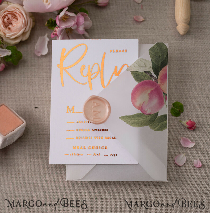HOCHZEITS EINLADUNGEN Gold / Roségold / Silber / Glitzer Glamour Gold Foil Hochzeitskarten, Elegante Pfirsich Hochzeitsinvitationen, Maßgeschneiderte Pergament Hochzeitskarten mit Schleife, Luxuriöse moderne Hochzeitsstationery