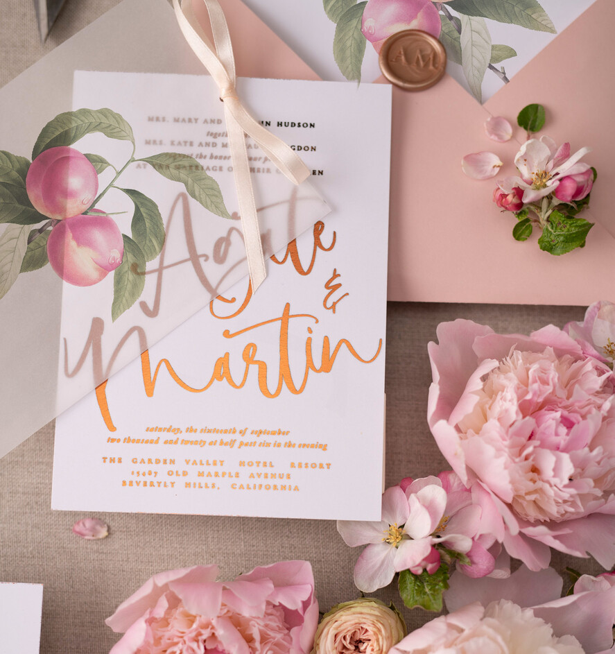 HOCHZEITS EINLADUNGEN Gold / Roségold / Silber / Glitzer Glamour Gold Foil Hochzeitskarten, Elegante Pfirsich Hochzeitsinvitationen, Maßgeschneiderte Pergament Hochzeitskarten mit Schleife, Luxuriöse moderne Hochzeitsstationery