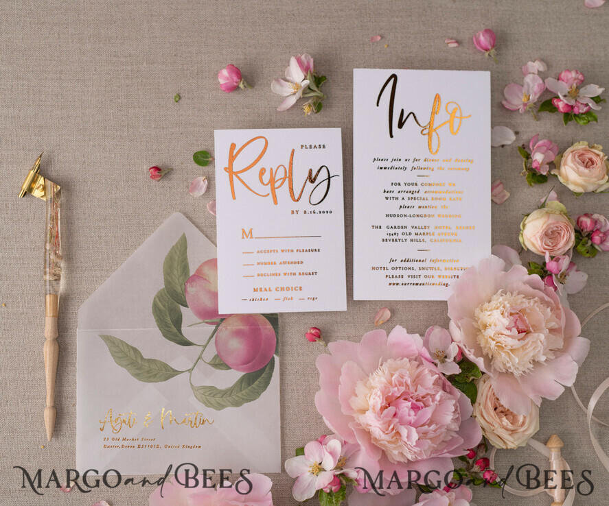 HOCHZEITS EINLADUNGEN Gold / Roségold / Silber / Glitzer Glamour Gold Foil Hochzeitskarten, Elegante Pfirsich Hochzeitsinvitationen, Maßgeschneiderte Pergament Hochzeitskarten mit Schleife, Luxuriöse moderne Hochzeitsstationery