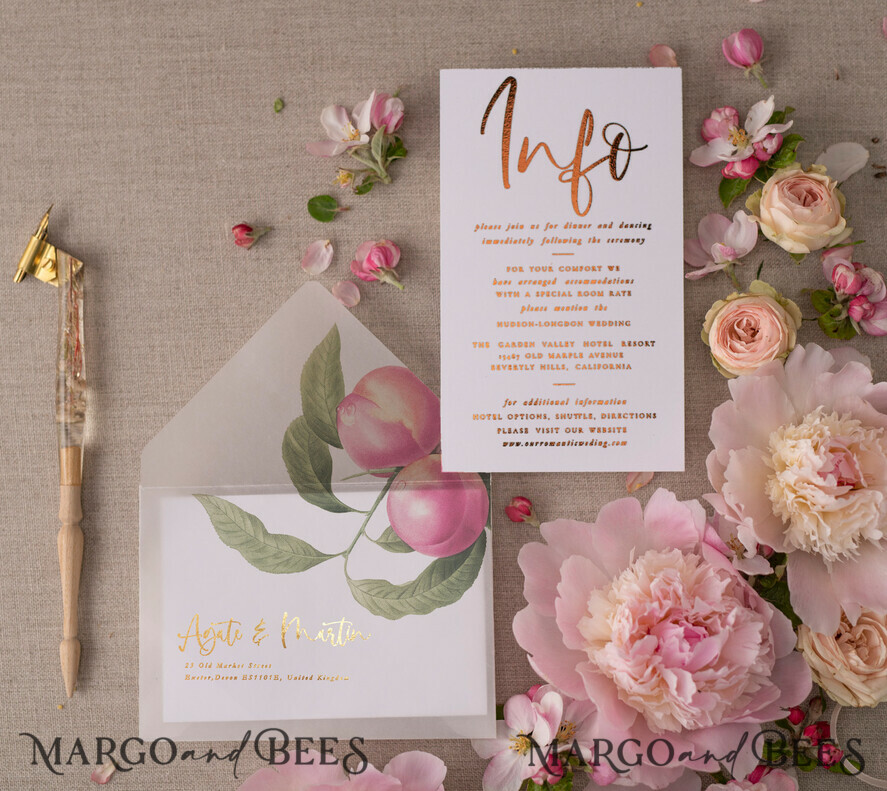 HOCHZEITS EINLADUNGEN Gold / Roségold / Silber / Glitzer Glamour Gold Foil Hochzeitskarten, Elegante Pfirsich Hochzeitsinvitationen, Maßgeschneiderte Pergament Hochzeitskarten mit Schleife, Luxuriöse moderne Hochzeitsstationery