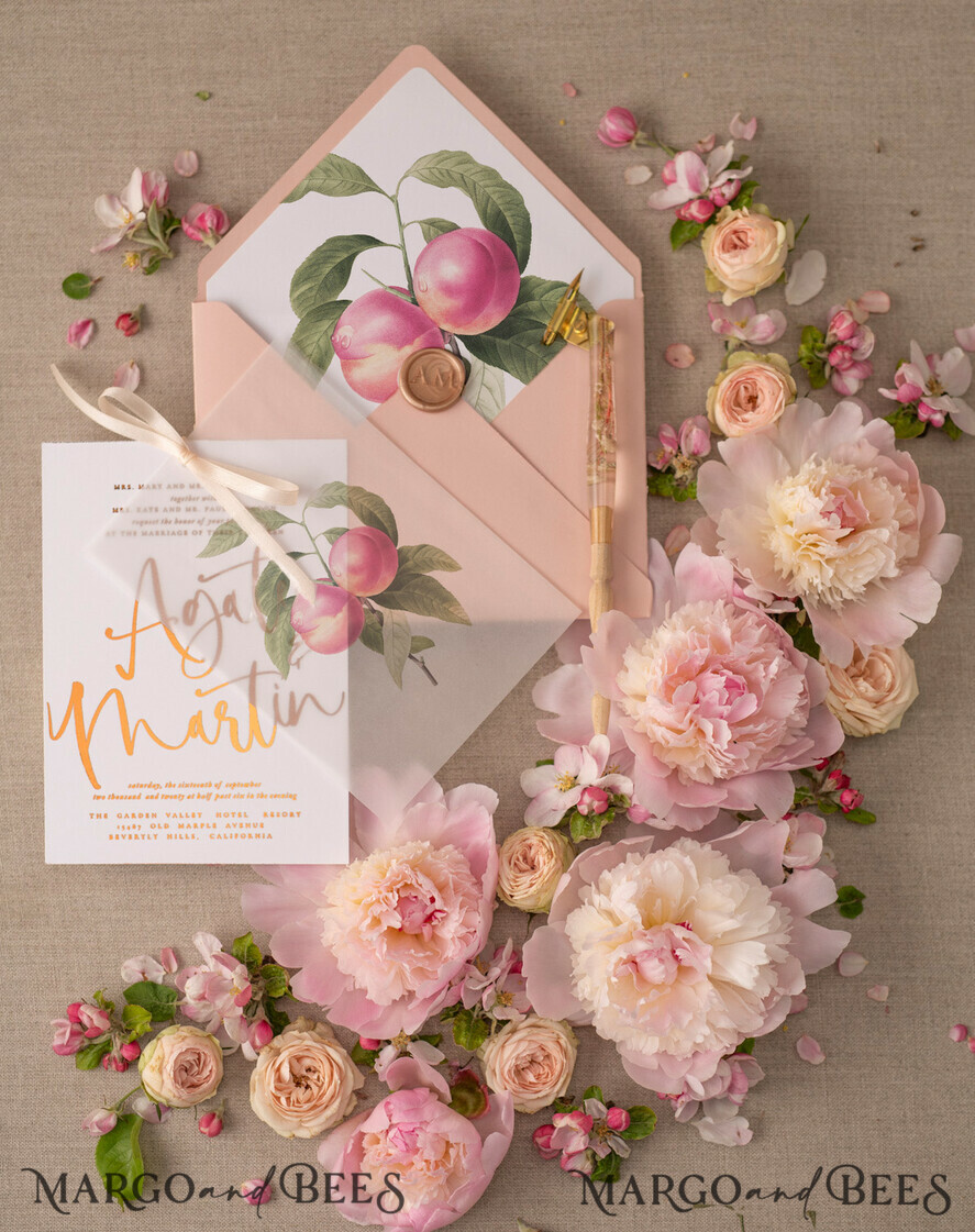 HOCHZEITS EINLADUNGEN Gold / Roségold / Silber / Glitzer Glamour Gold Foil Hochzeitskarten, Elegante Pfirsich Hochzeitsinvitationen, Maßgeschneiderte Pergament Hochzeitskarten mit Schleife, Luxuriöse moderne Hochzeitsstationery