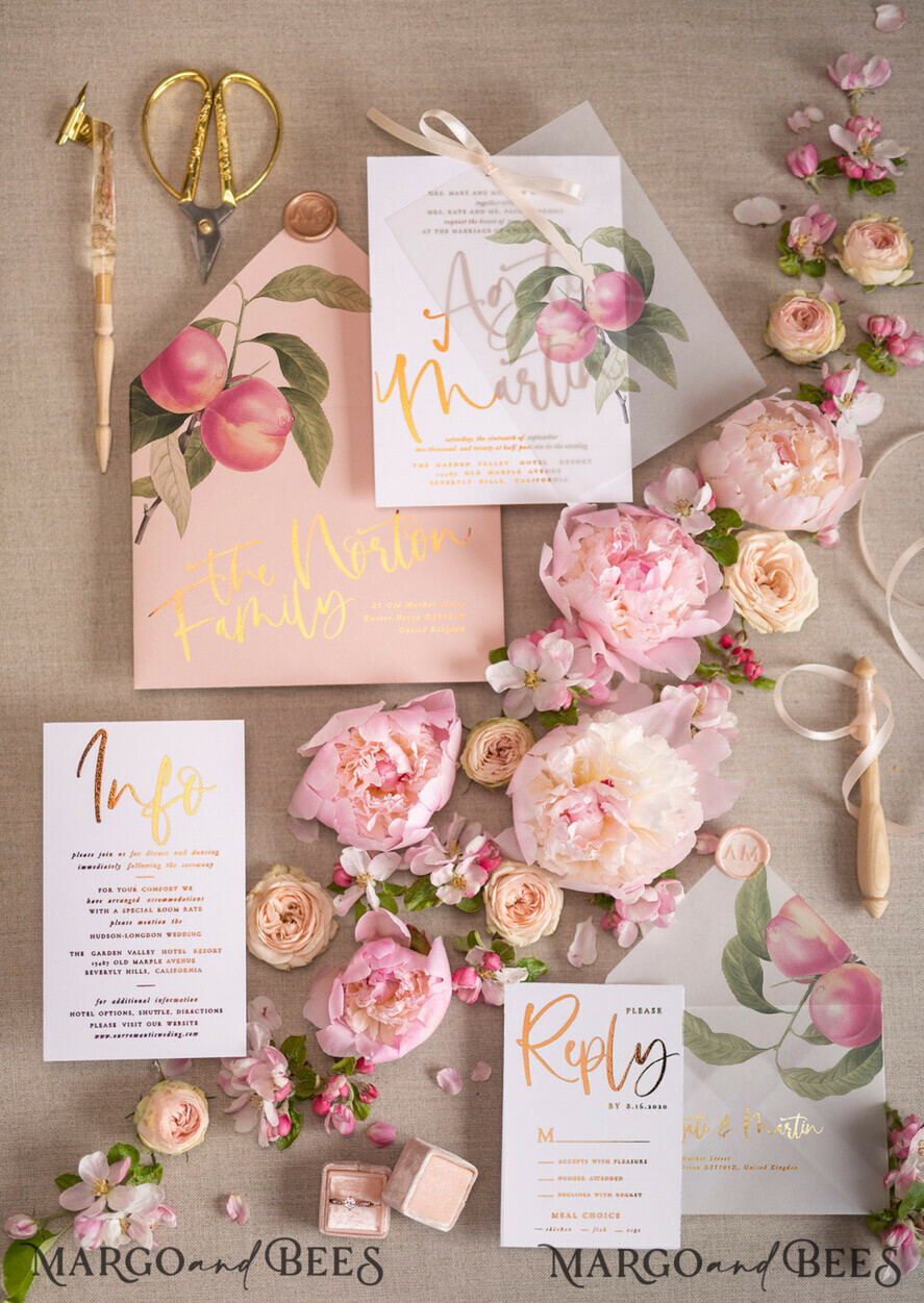 HOCHZEITS EINLADUNGEN Gold / Roségold / Silber / Glitzer Glamour Gold Foil Hochzeitskarten, Elegante Pfirsich Hochzeitsinvitationen, Maßgeschneiderte Pergament Hochzeitskarten mit Schleife, Luxuriöse moderne Hochzeitsstationery