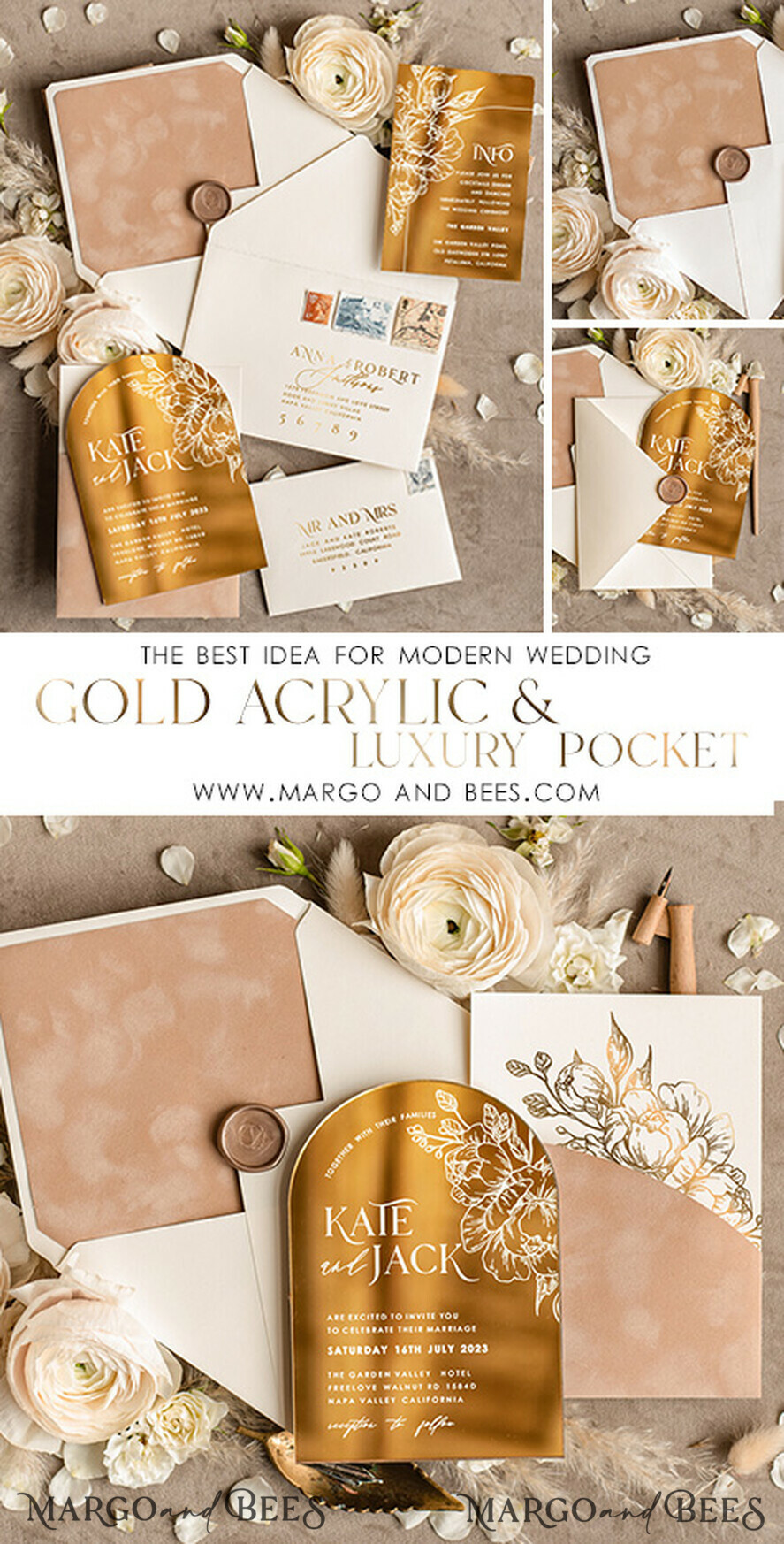 HOCHZEITS EINLADUNGEN Gold / Roségold / Silber / Glitzer Arch Gold Acryl Hochzeits Einladung, Luxus Pocket Nude Hochzeits Einladungen, Glamour Hochzeits Einladung Suite