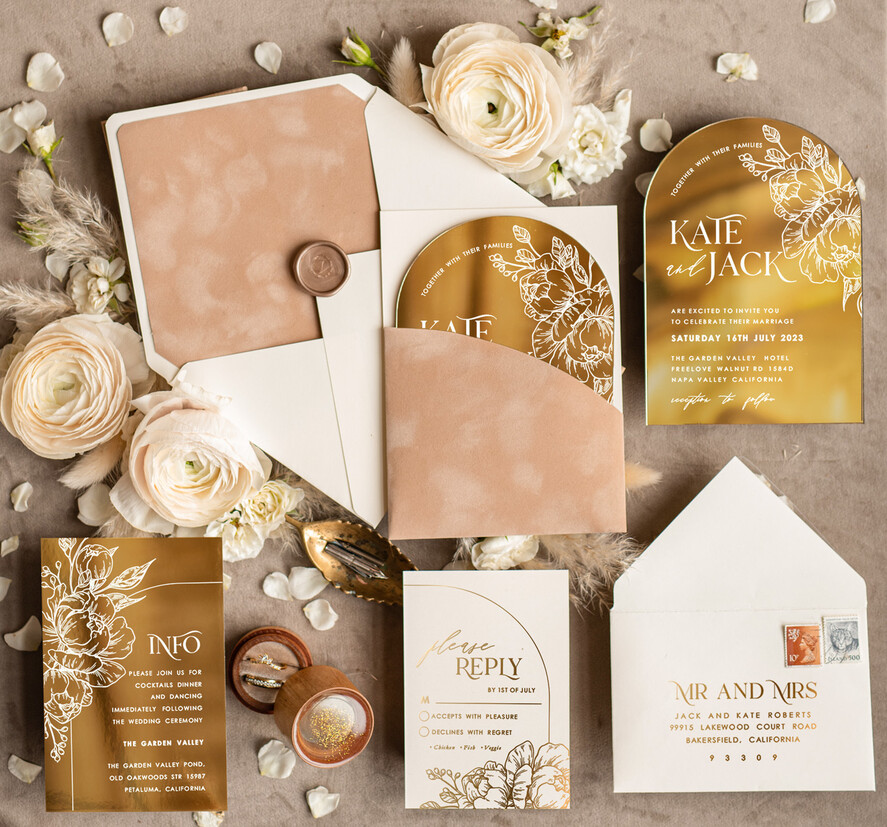 HOCHZEITS EINLADUNGEN Gold / Roségold / Silber / Glitzer Arch Gold Acryl Hochzeits Einladung, Luxus Pocket Nude Hochzeits Einladungen, Glamour Hochzeits Einladung Suite
