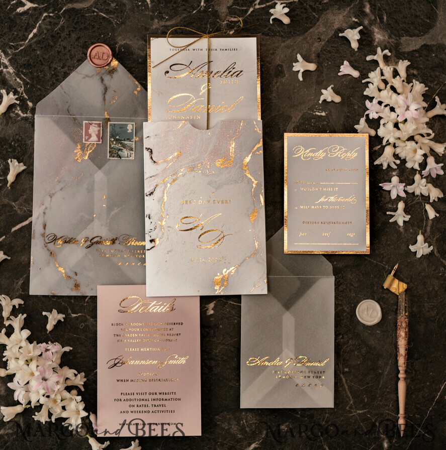 HOCHZEITS EINLADUNGEN Gold / Roségold / Silber / Glitzer Luxus Gold Marmor Hochzeitskarten, Glamour goldener Glanz Hochzeitseinladungen, romantische blush rosa Hochzeitskarten, elegante goldfolierte Hochzeits Einladungssuite