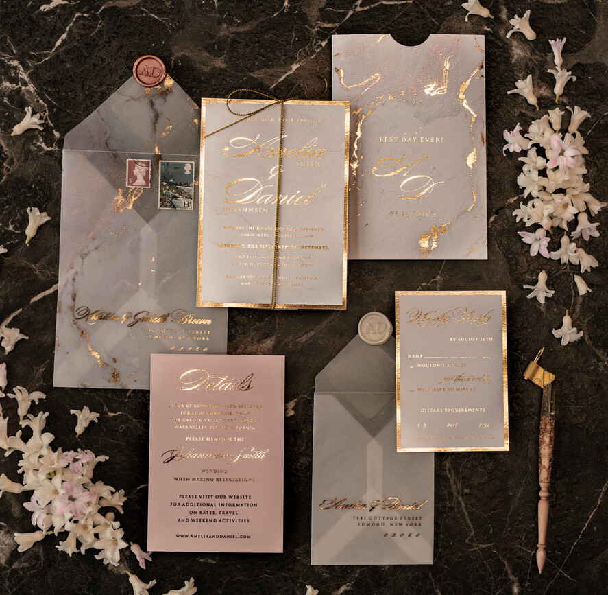 HOCHZEITS EINLADUNGEN Gold / Roségold / Silber / Glitzer Luxus Gold Marmor Hochzeitskarten, Glamour goldener Glanz Hochzeitseinladungen, romantische blush rosa Hochzeitskarten, elegante goldfolierte Hochzeits Einladungssuite