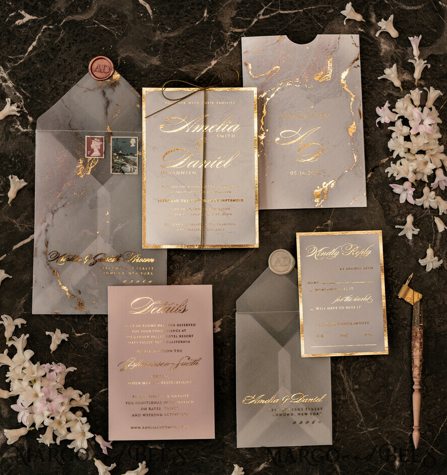 HOCHZEITS EINLADUNGEN Gold / Roségold / Silber / Glitzer Luxus Gold Marmor Hochzeitskarten, Glamour goldener Glanz Hochzeitseinladungen, romantische blush rosa Hochzeitskarten, elegante goldfolierte Hochzeits Einladungssuite