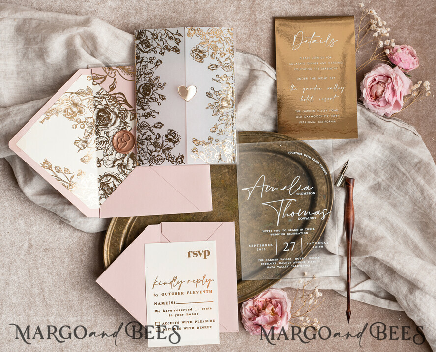 HOCHZEITS EINLADUNGEN Gold / Roségold / Silber / Glitzer Maßgeschneiderte Acryl-Rosa-Gold-Hochzeitseinladung, Glamouröse goldene Nude-Hochzeitseinladungen mit Umschlägen, Moderne goldene Plexi-Hochzeitseinladung Suite mit RSVP, Boho Glam Hochzeitseinladungen mit Wachssiegel.