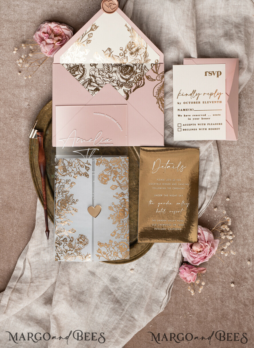 HOCHZEITS EINLADUNGEN Gold / Roségold / Silber / Glitzer Maßgeschneiderte Acryl-Rosa-Gold-Hochzeitseinladung, Glamouröse goldene Nude-Hochzeitseinladungen mit Umschlägen, Moderne goldene Plexi-Hochzeitseinladung Suite mit RSVP, Boho Glam Hochzeitseinladungen mit Wachssiegel.