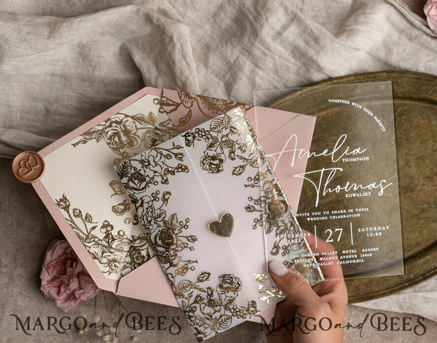 HOCHZEITS EINLADUNGEN Gold / Roségold / Silber / Glitzer Maßgeschneiderte Acryl-Rosa-Gold-Hochzeitseinladung, Glamouröse goldene Nude-Hochzeitseinladungen mit Umschlägen, Moderne goldene Plexi-Hochzeitseinladung Suite mit RSVP, Boho Glam Hochzeitseinladungen mit Wachssiegel.