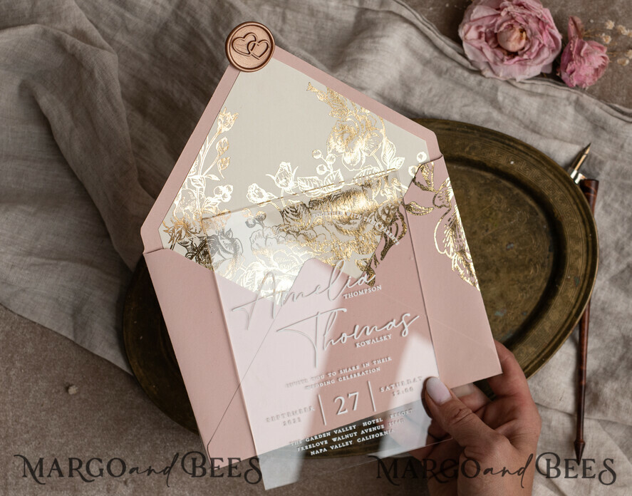 HOCHZEITS EINLADUNGEN Gold / Roségold / Silber / Glitzer Maßgeschneiderte Acryl-Rosa-Gold-Hochzeitseinladung, Glamouröse goldene Nude-Hochzeitseinladungen mit Umschlägen, Moderne goldene Plexi-Hochzeitseinladung Suite mit RSVP, Boho Glam Hochzeitseinladungen mit Wachssiegel.