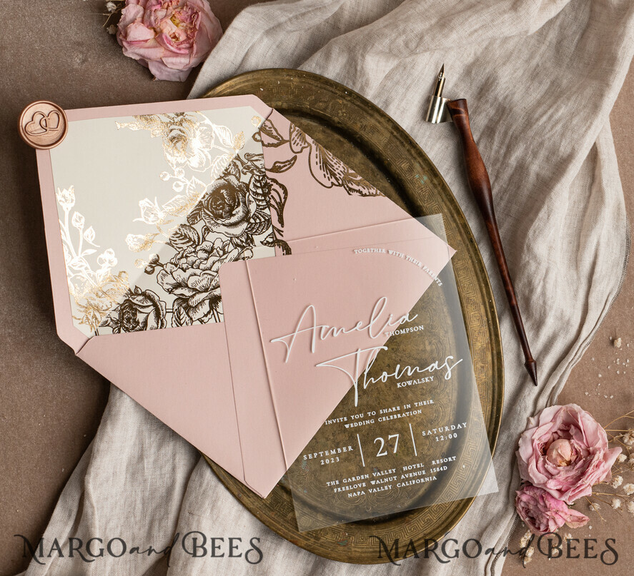 HOCHZEITS EINLADUNGEN Gold / Roségold / Silber / Glitzer Maßgeschneiderte Acryl-Rosa-Gold-Hochzeitseinladung, Glamouröse goldene Nude-Hochzeitseinladungen mit Umschlägen, Moderne goldene Plexi-Hochzeitseinladung Suite mit RSVP, Boho Glam Hochzeitseinladungen mit Wachssiegel.