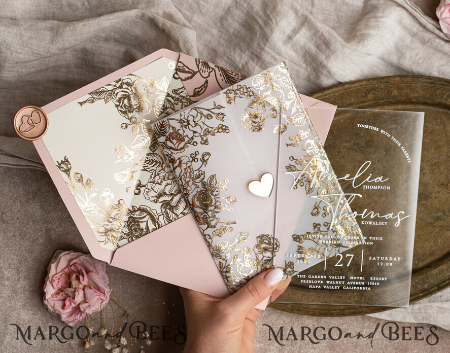 HOCHZEITS EINLADUNGEN Gold / Roségold / Silber / Glitzer Maßgeschneiderte Acryl-Rosa-Gold-Hochzeitseinladung, Glamouröse goldene Nude-Hochzeitseinladungen mit Umschlägen, Moderne goldene Plexi-Hochzeitseinladung Suite mit RSVP, Boho Glam Hochzeitseinladungen mit Wachssiegel.
