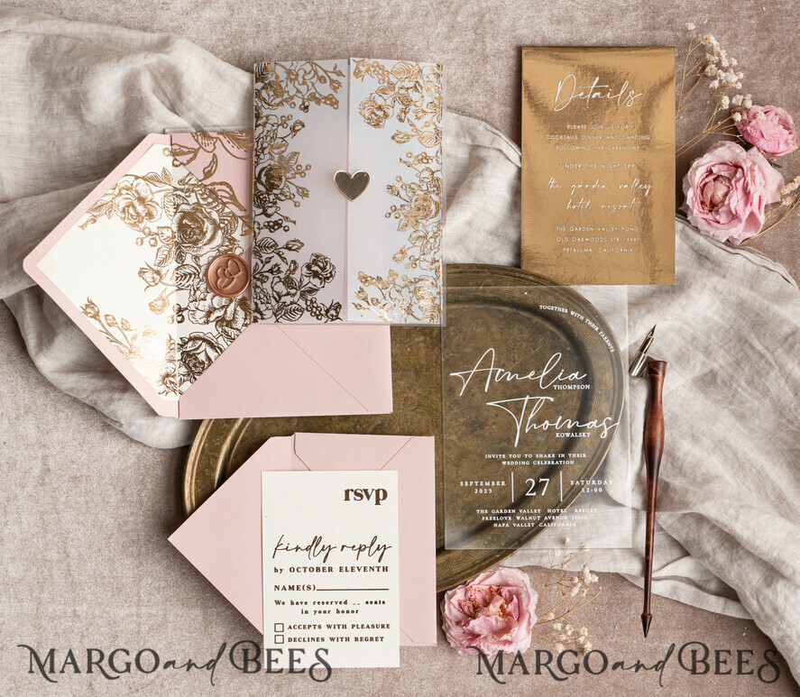 HOCHZEITS EINLADUNGEN Gold / Roségold / Silber / Glitzer Maßgeschneiderte Acryl-Rosa-Gold-Hochzeitseinladung, Glamouröse goldene Nude-Hochzeitseinladungen mit Umschlägen, Moderne goldene Plexi-Hochzeitseinladung Suite mit RSVP, Boho Glam Hochzeitseinladungen mit Wachssiegel.