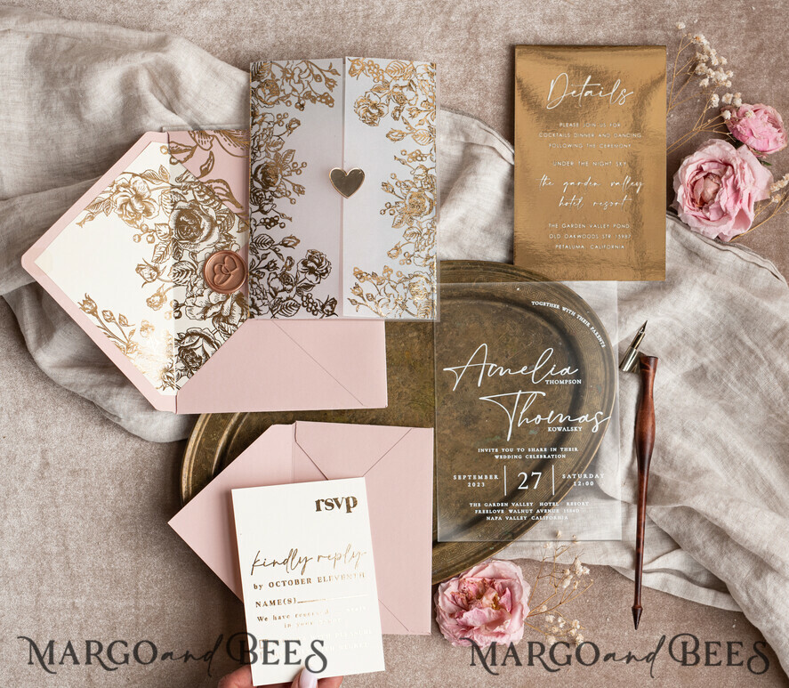 HOCHZEITS EINLADUNGEN Gold / Roségold / Silber / Glitzer Maßgeschneiderte Acryl-Rosa-Gold-Hochzeitseinladung, Glamouröse goldene Nude-Hochzeitseinladungen mit Umschlägen, Moderne goldene Plexi-Hochzeitseinladung Suite mit RSVP, Boho Glam Hochzeitseinladungen mit Wachssiegel.