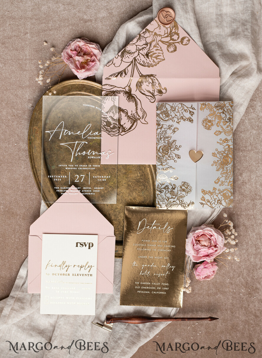 HOCHZEITS EINLADUNGEN Gold / Roségold / Silber / Glitzer Maßgeschneiderte Acryl-Rosa-Gold-Hochzeitseinladung, Glamouröse goldene Nude-Hochzeitseinladungen mit Umschlägen, Moderne goldene Plexi-Hochzeitseinladung Suite mit RSVP, Boho Glam Hochzeitseinladungen mit Wachssiegel.