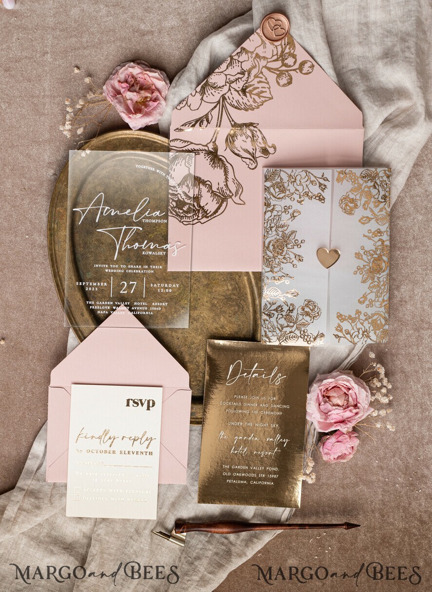 HOCHZEITS EINLADUNGEN Gold / Roségold / Silber / Glitzer Maßgeschneiderte Acryl-Rosa-Gold-Hochzeitseinladung, Glamouröse goldene Nude-Hochzeitseinladungen mit Umschlägen, Moderne goldene Plexi-Hochzeitseinladung Suite mit RSVP, Boho Glam Hochzeitseinladungen mit Wachssiegel.