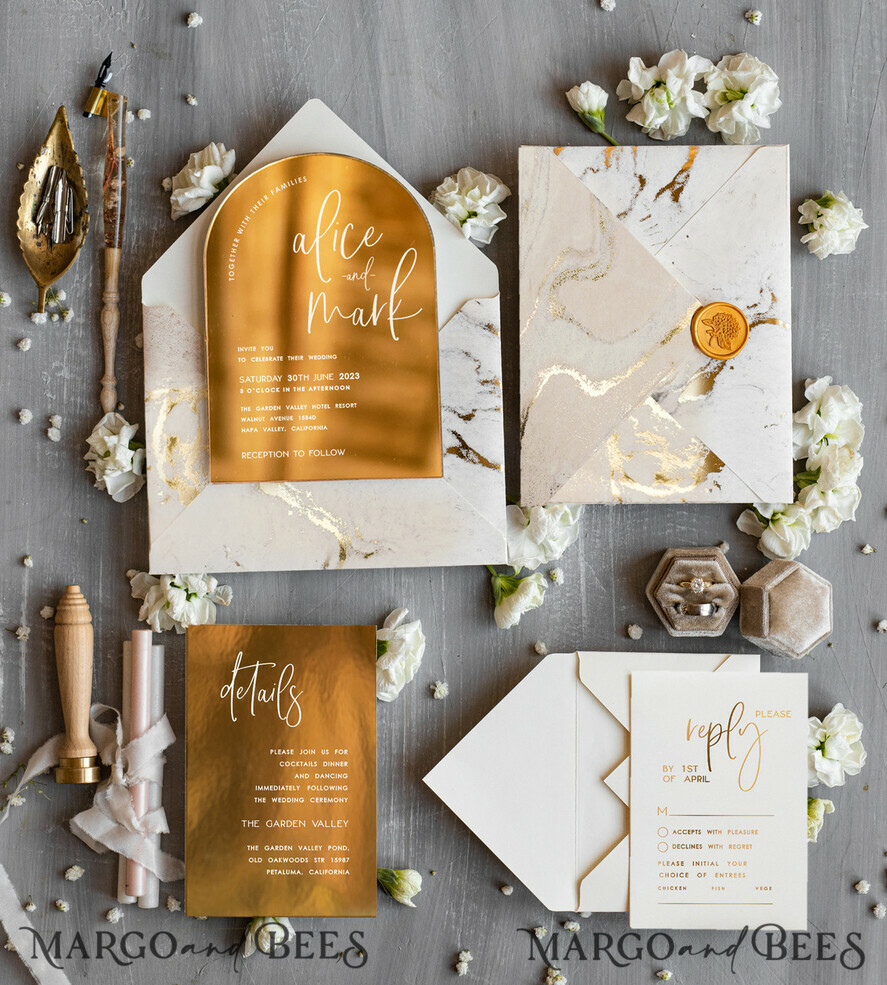 HOCHZEITS EINLADUNGEN Gold / Roségold / Silber / Glitzer Elegante goldene Hochzeitskarten, luxuriöse goldene Acryl-Hochzeitskarten, goldene Marmor-Hochzeitsinvitationen, Arch Glamour Hochzeitsinvitationen Set