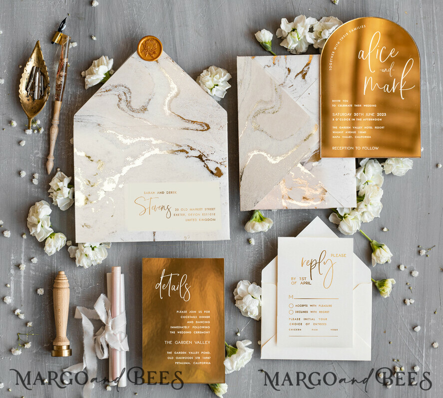 HOCHZEITS EINLADUNGEN Gold / Roségold / Silber / Glitzer Elegante goldene Hochzeitskarten, luxuriöse goldene Acryl-Hochzeitskarten, goldene Marmor-Hochzeitsinvitationen, Arch Glamour Hochzeitsinvitationen Set