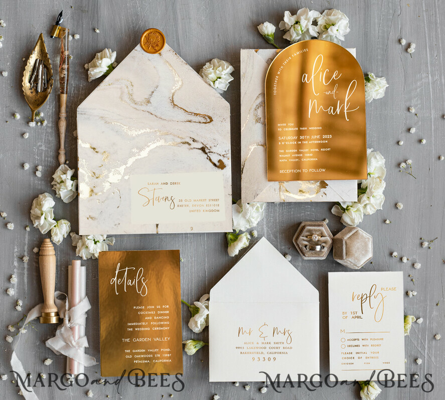 HOCHZEITS EINLADUNGEN Gold / Roségold / Silber / Glitzer Elegante goldene Hochzeitskarten, luxuriöse goldene Acryl-Hochzeitskarten, goldene Marmor-Hochzeitsinvitationen, Arch Glamour Hochzeitsinvitationen Set