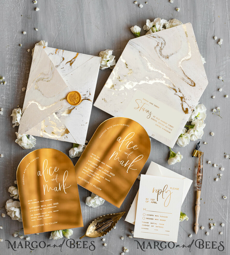 HOCHZEITS EINLADUNGEN Gold / Roségold / Silber / Glitzer Elegante goldene Hochzeitskarten, luxuriöse goldene Acryl-Hochzeitskarten, goldene Marmor-Hochzeitsinvitationen, Arch Glamour Hochzeitsinvitationen Set