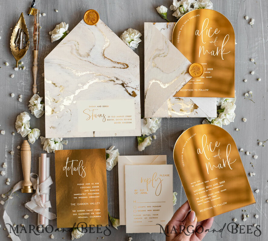 HOCHZEITS EINLADUNGEN Gold / Roségold / Silber / Glitzer Elegante goldene Hochzeitskarten, luxuriöse goldene Acryl-Hochzeitskarten, goldene Marmor-Hochzeitsinvitationen, Arch Glamour Hochzeitsinvitationen Set