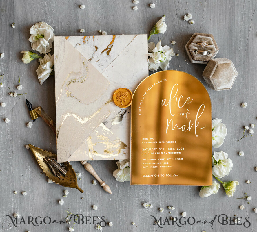 HOCHZEITS EINLADUNGEN Gold / Roségold / Silber / Glitzer Elegante goldene Hochzeitskarten, luxuriöse goldene Acryl-Hochzeitskarten, goldene Marmor-Hochzeitsinvitationen, Arch Glamour Hochzeitsinvitationen Set