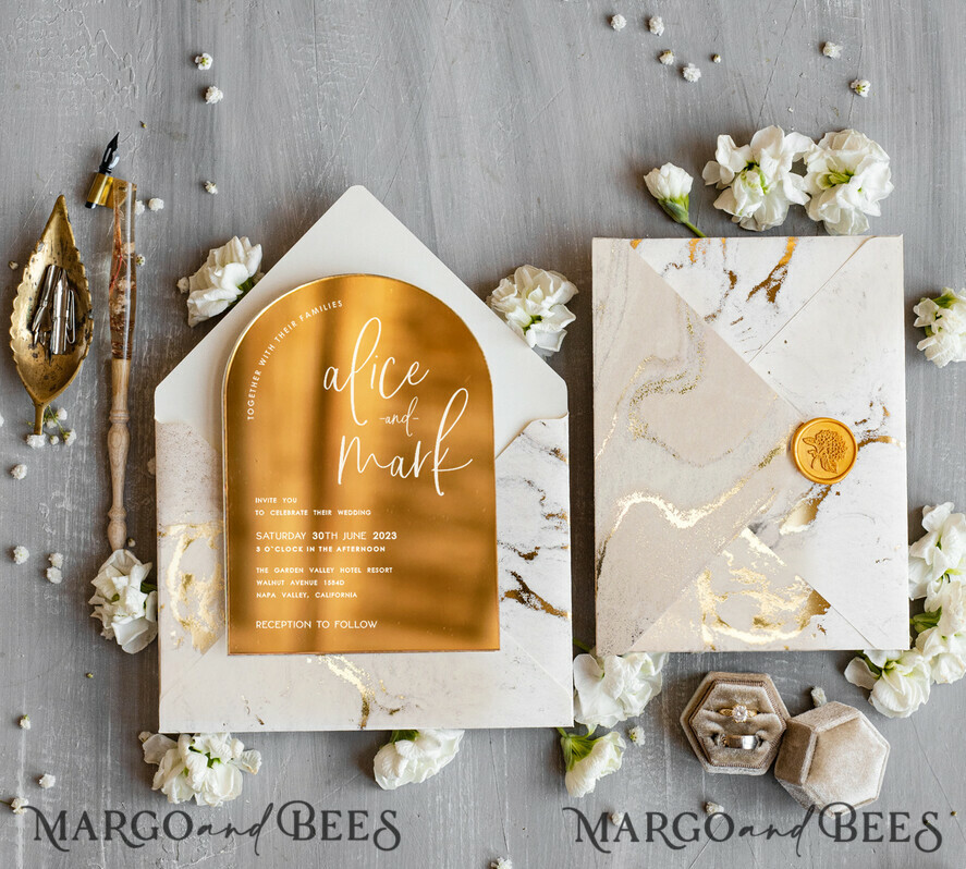 HOCHZEITS EINLADUNGEN Gold / Roségold / Silber / Glitzer Elegante goldene Hochzeitskarten, luxuriöse goldene Acryl-Hochzeitskarten, goldene Marmor-Hochzeitsinvitationen, Arch Glamour Hochzeitsinvitationen Set