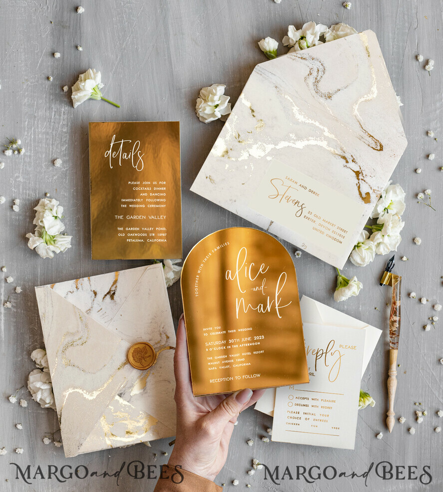 HOCHZEITS EINLADUNGEN Gold / Roségold / Silber / Glitzer Elegante goldene Hochzeitskarten, luxuriöse goldene Acryl-Hochzeitskarten, goldene Marmor-Hochzeitsinvitationen, Arch Glamour Hochzeitsinvitationen Set
