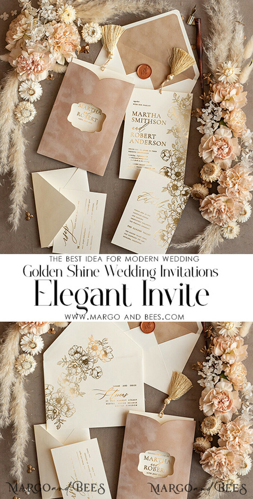 HOCHZEITS EINLADUNGEN Gold / Roségold / Silber / Glitzer Romantische Hochzeitskarten samt beige Tasche, Elegante Hochzeitskarten mit goldenen Quasten, Goldene Hochzeitseinladung Suite, Luxuriöse Hochzeitseinladungen.