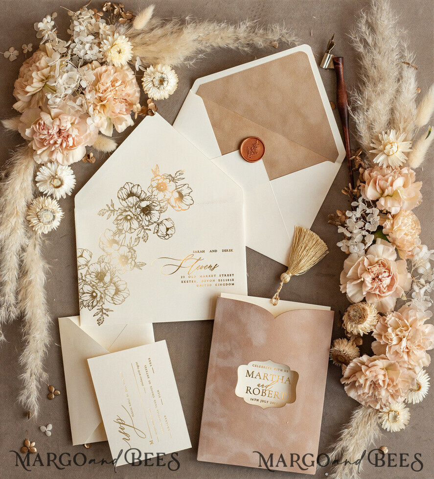 HOCHZEITS EINLADUNGEN Gold / Roségold / Silber / Glitzer Romantische Hochzeitskarten samt beige Tasche, Elegante Hochzeitskarten mit goldenen Quasten, Goldene Hochzeitseinladung Suite, Luxuriöse Hochzeitseinladungen.
