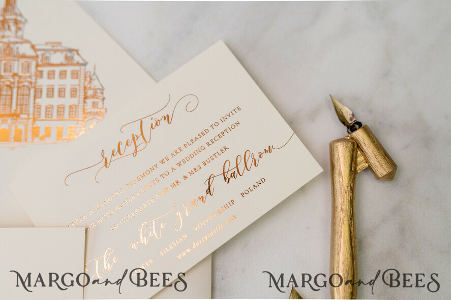 HOCHZEITS EINLADUNGEN Gold / Roségold / Silber / Glitzer Luxus Goldfolien-Hochzeitseinladungen, elegante maßgeschneiderte Standortskizzen-Hochzeitseinladungen, glamouröse goldene Hochzeitskarten, minimalistische blassrosa Hochzeitseinladungsreihe.